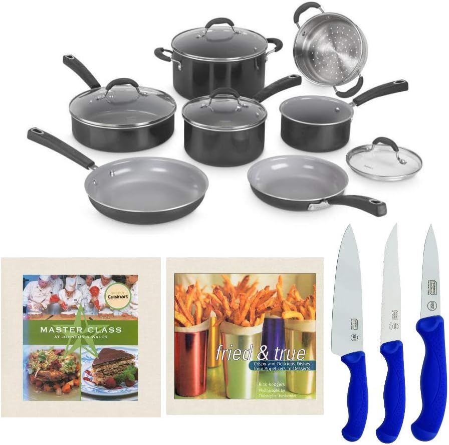 Lowest Price Cuisinart Ceramica XT Nonstick Cookware Set with Knife Set and Cookbook Bundle (6 Items)