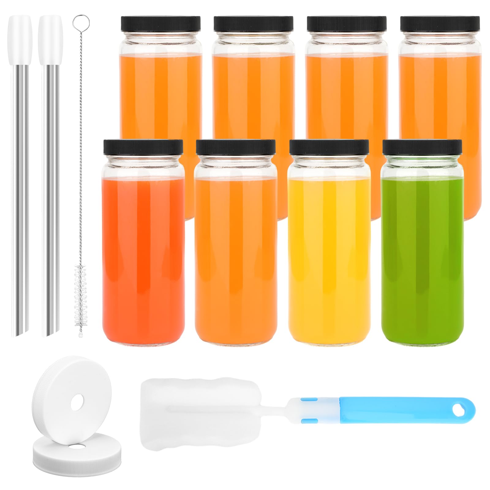 Zukro 16 oz Wide Mouth Glass Juice Bottles with Lid 8 Pack, Leak Proof