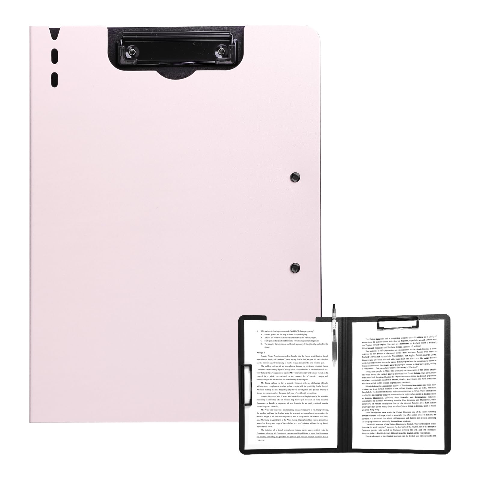 FRETONBA Clipboard A4 with Double Clips, Foldover Clip Board with Cover, Plastic Document Folder, Lightweight Personal Organiser Suitable for School, Office, Industry, Pink