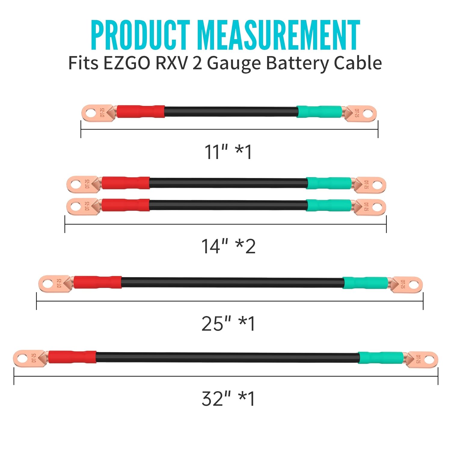 10L0L Golf Cart Pure Copper Battery Cables Compatible with EZGO RXV Golf Cart Models, AC/DC Battery Kit, 2 Gauge, 5-Piece Set, OEM# 602930, 607057