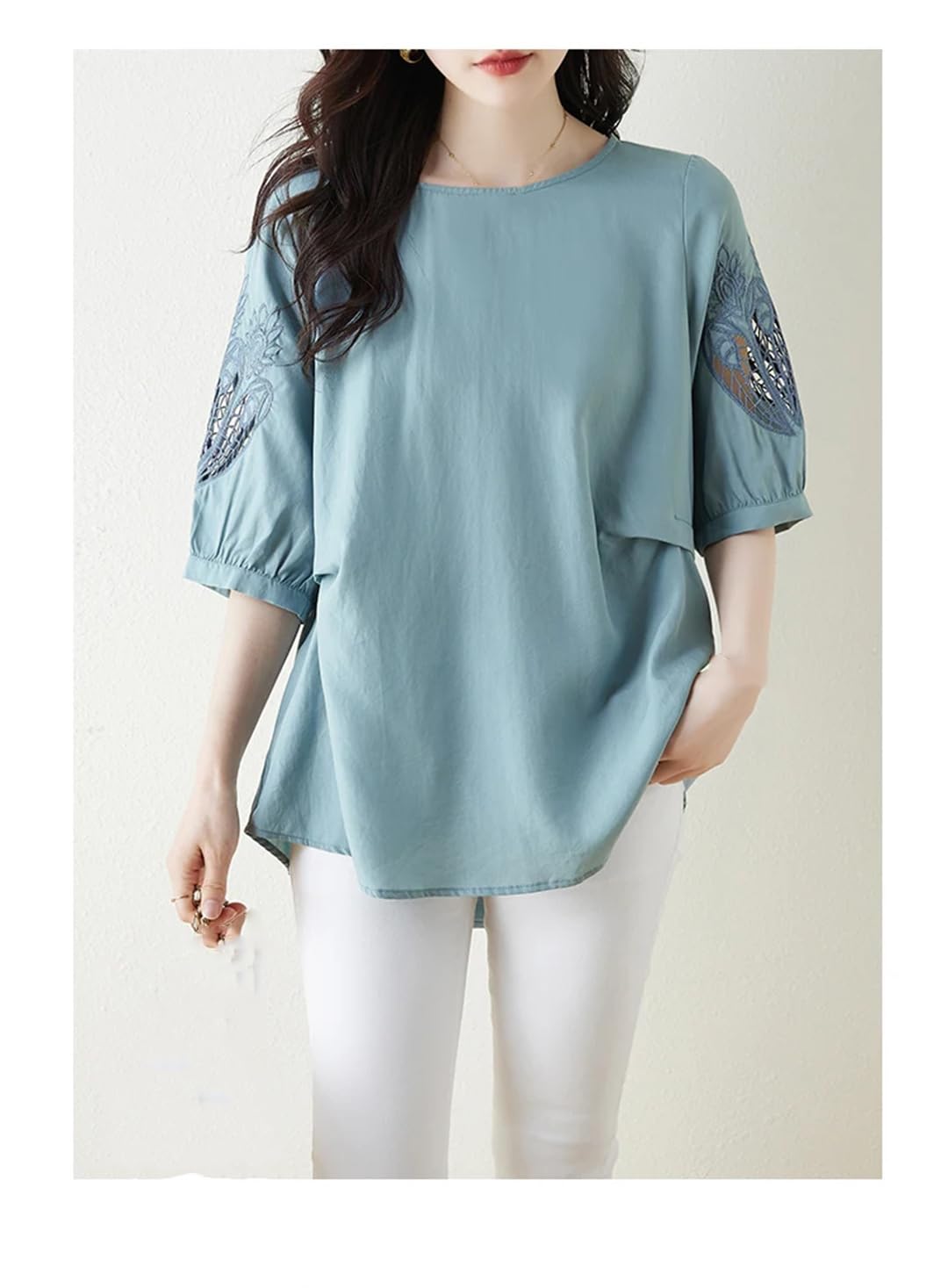 T-shirt d'été uni à col rond pour femme - T-shirt ample et irrégulier