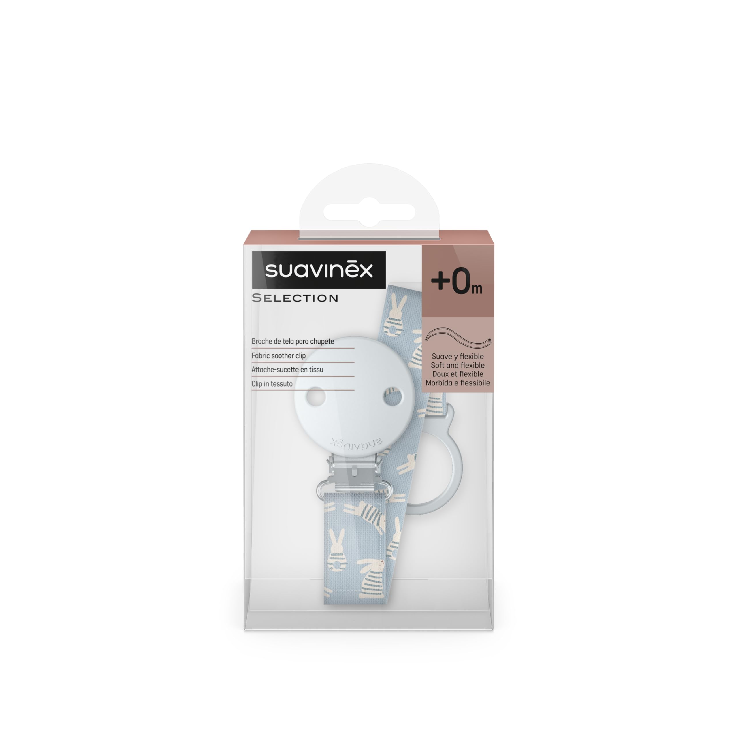 Suavinex, Portaciuccio in tessuto per neonati, Nastro con disegno double-face, Catenella per ciuccio, Clip con fermaglio, per ciucci con anello. +0 mesi, adatto ai neonati, Wonder Coniglietti Blu