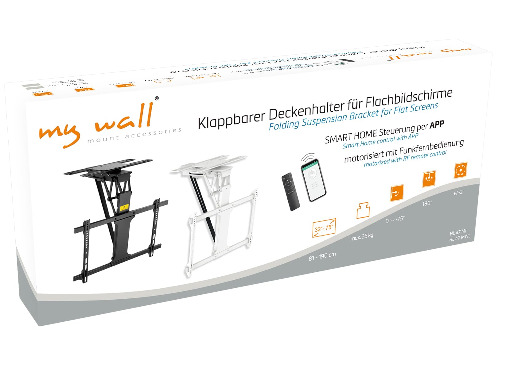 My Wall Supporto da soffitto HL47ML motorizzato e pieghevole per schermi piatti con controllo Smart Home per 32-75 pollici, carico fino a 35 kg con rotazione di 180°