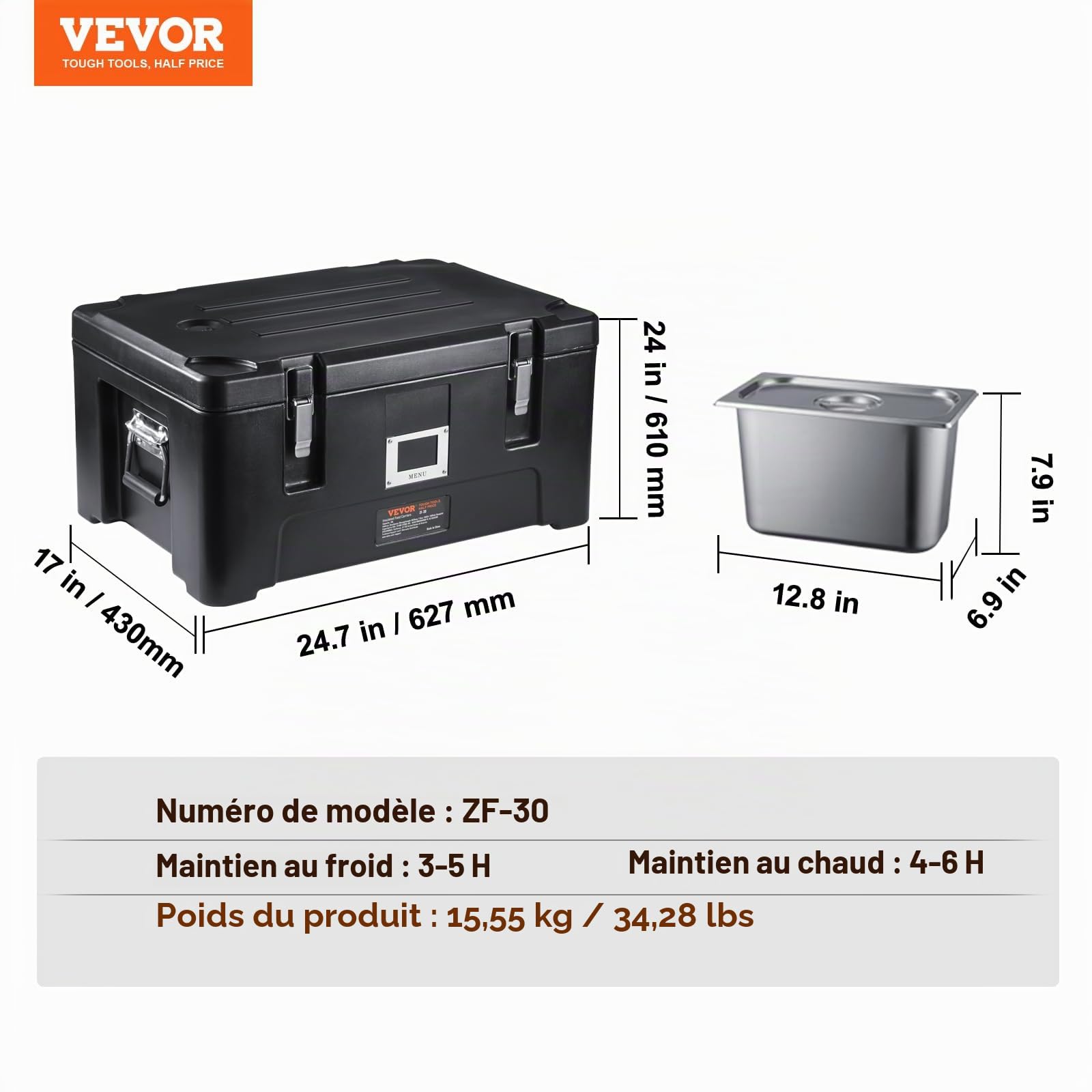 VEVOR Conteneur Isotherme 30 L, Boîte de Transport en LLDPE à Chargement par le Haut, 3 Bacs Alimentaires en Inox, pour Garder au Chaud ou Froid Traiteur Restauration Restaurant Cantine 627x430x610 mm