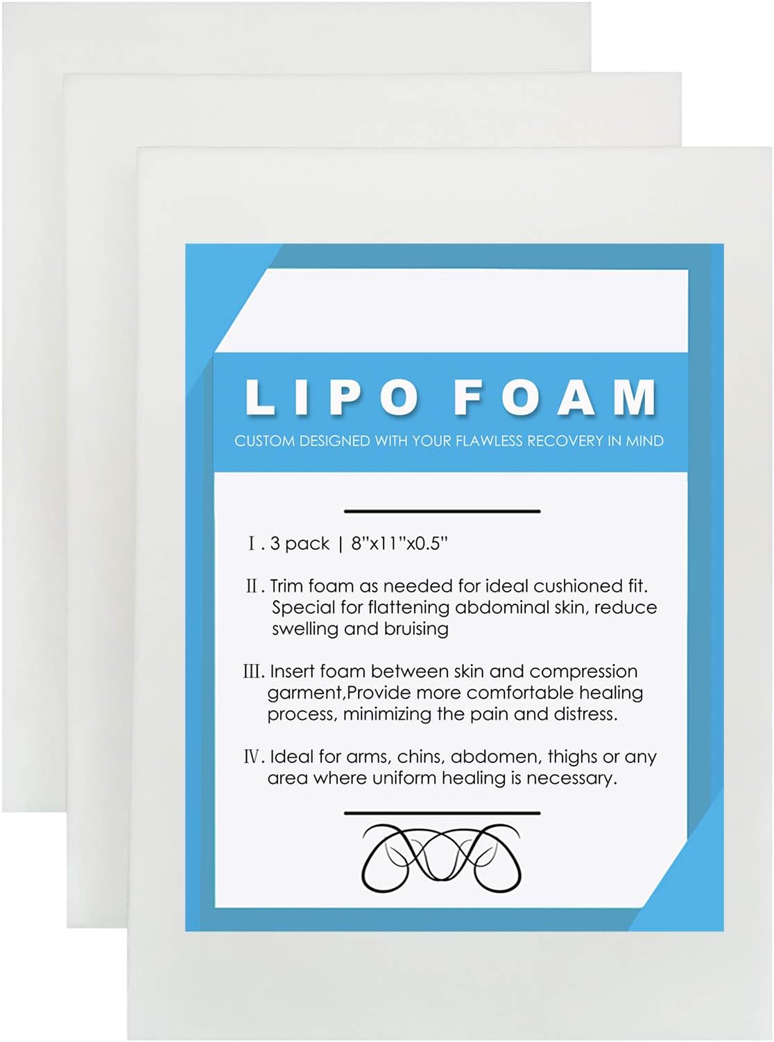 3 Pack Lipo Foam - Post Surgery Ab Board for Use with Post Liposuction Surgery Flattening Abdominal Compression Garments Liposuction Foam pads for Recovery 8"X11" (White)
