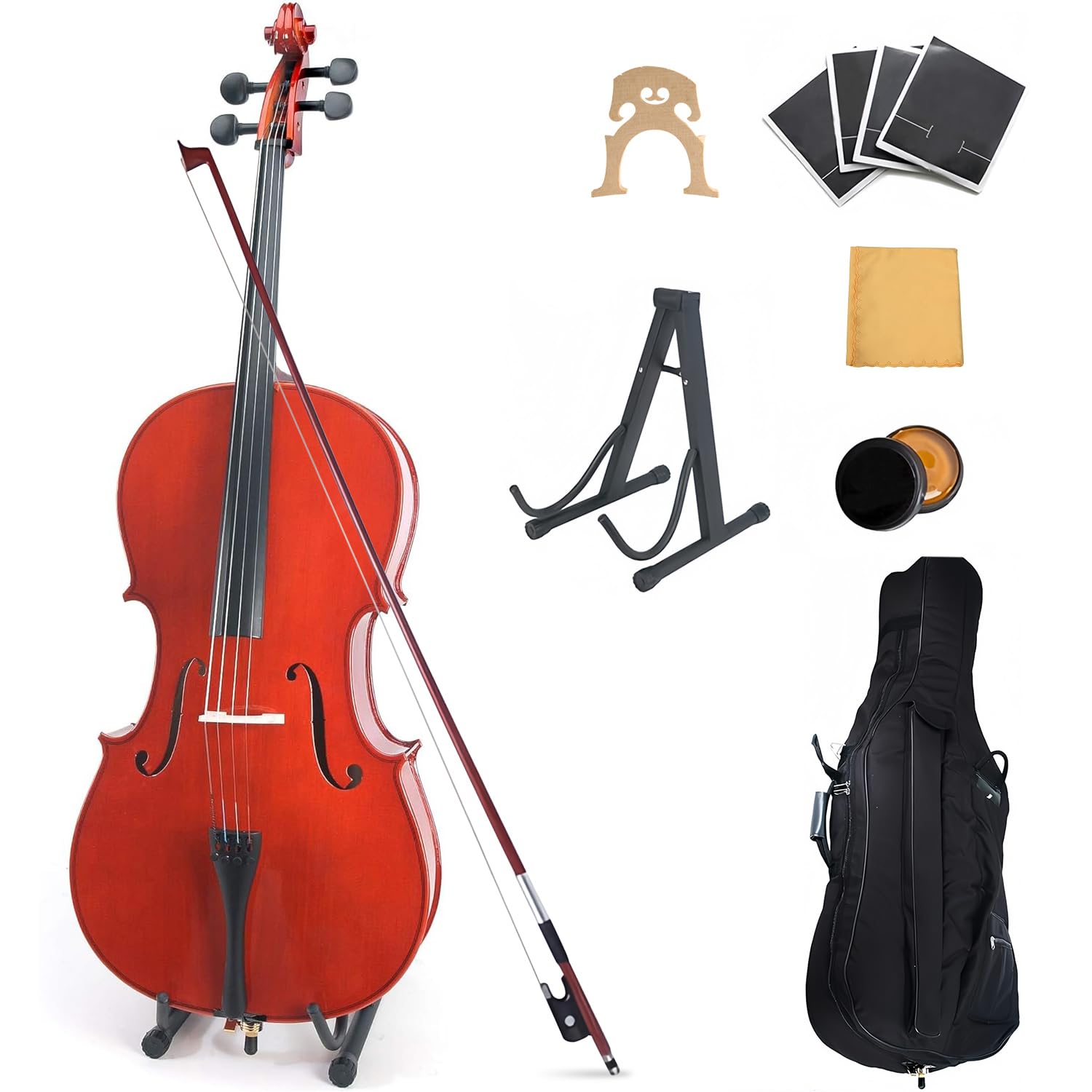 Cello 4/4 Set in voller Größe für Anfänger & Fortgeschrittene – Komplettset mit Etui, Bogen, Kolophonium & Saiten | Ideal für Kinder, Erwachsene & Musikschulen | Inkl. Schleife & Stimmgerät (Voll)