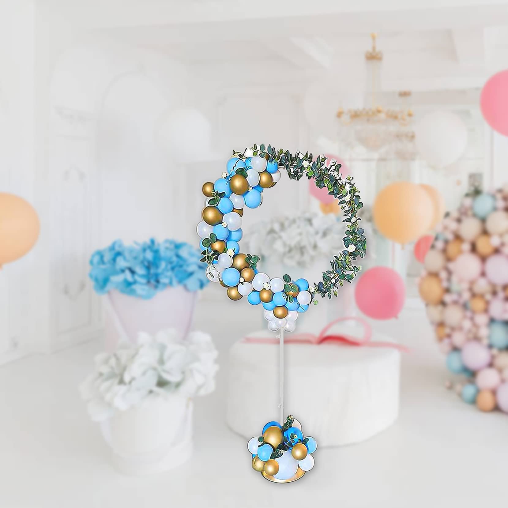 DIY Ballon Stand Kit Stehender Bogen Metallrahmen Kit Ballonhalter Runde Ring Ballon Sticks Für Babyparty Geburtstag Hochzeit,Weiß