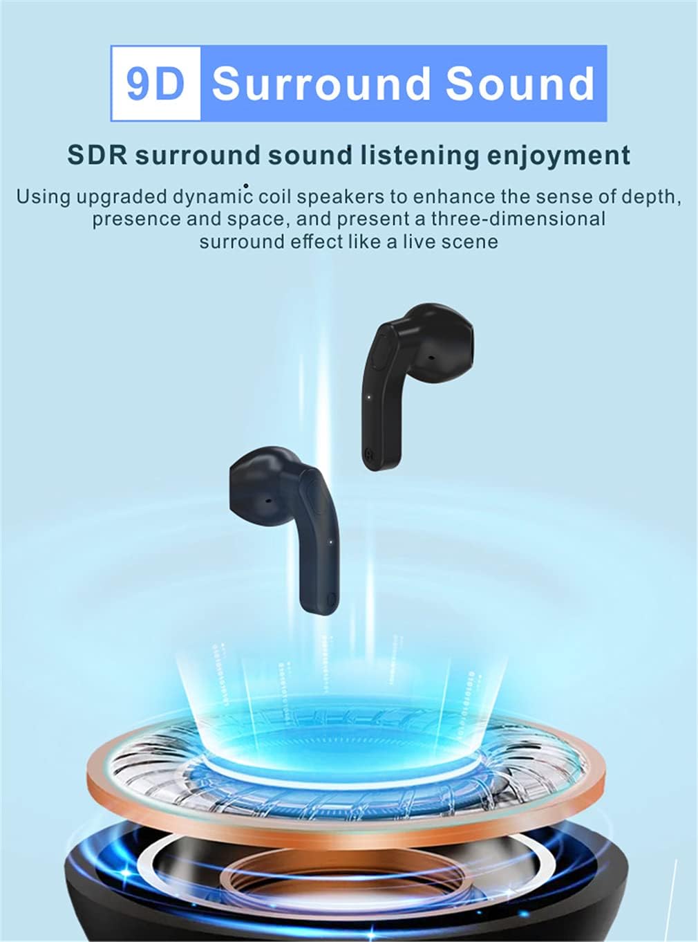 TWS Bluetooth 5.2 Wireless Earbuds 9D HiFi Stereo Quality Sound IPX5 Water-Proof Headphone with Noise Cancelling Mic for Sports,Black