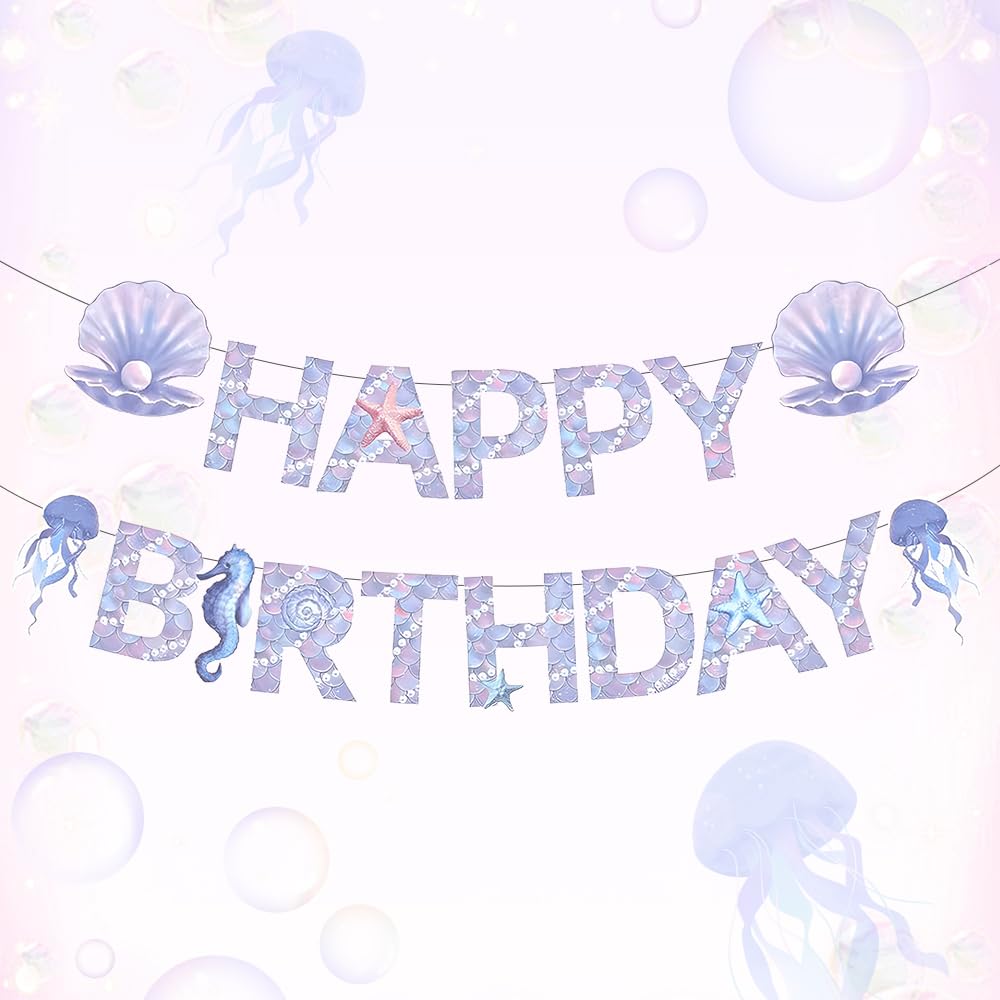 HSC Happy Birthday Banner, Mermaid Birthday Party Decorations, Under the Sea Party Decorations with Seashell & Jellyfish Design, Ideal for Kids Party & Themed Celebrations