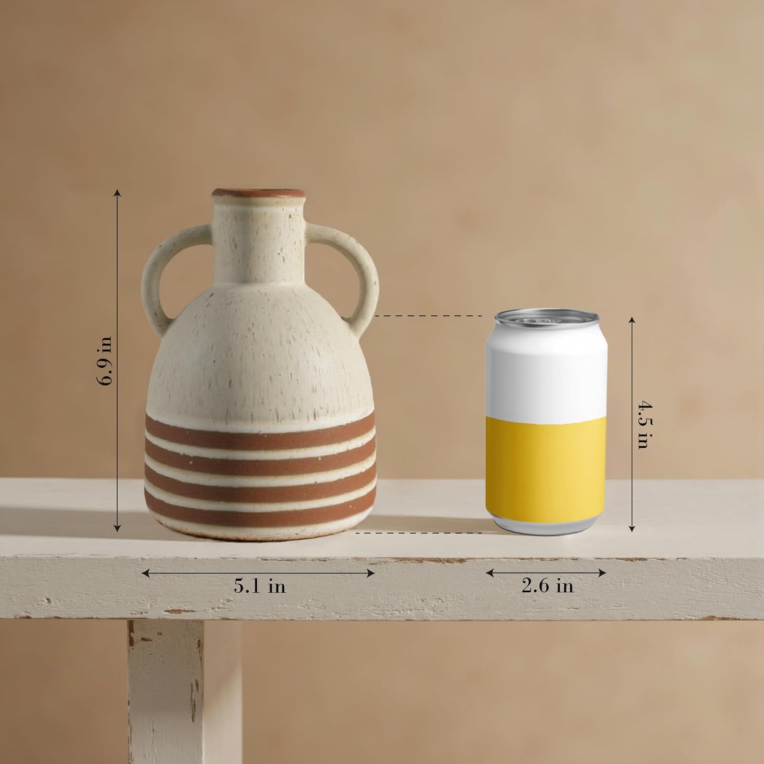 Ceramic Rustic Farmhouse Vase with Handles, 6.9 inch Vintage Stripe Terracotta Vase, Pottery Decorative Flower Vase, Boho Clay Vases for Home Decor, Shelf, Table, Living Room, Mantle
