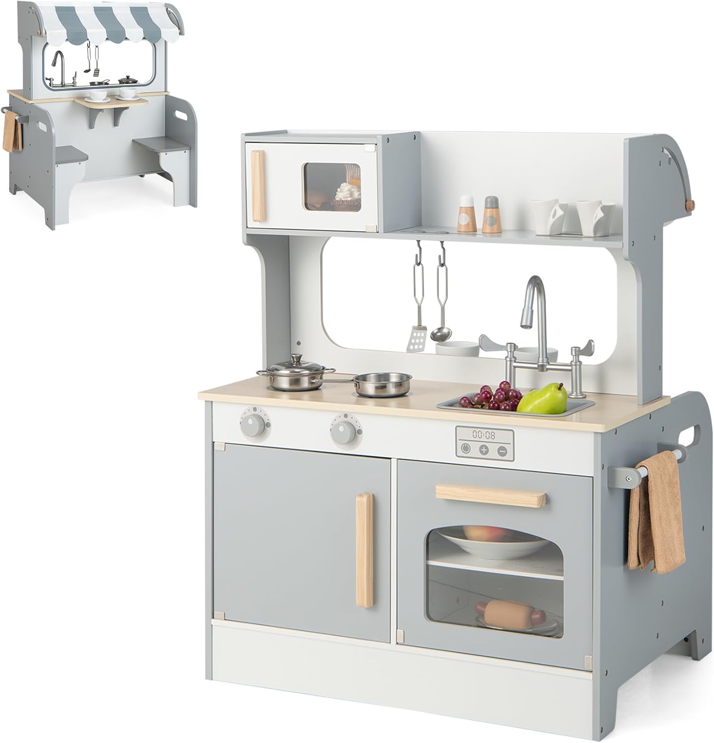 GLACER 2-in-1 Play Kitchen, Double-Sided Pretend Play Toys - Cooking Sets & Coffee Table w/Kitchen Accessories, Microwave, Oven, Stove, Sink, Kids Kitchen Playset for Toddlers, Boys & Girls Aged 3+