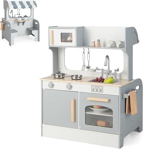 GLACER Cocina de juego 2 en 1, juguetes de juego de simulación de doble cara, juegos de cocina y mesa auxiliar con accesorios de cocina, microondas,