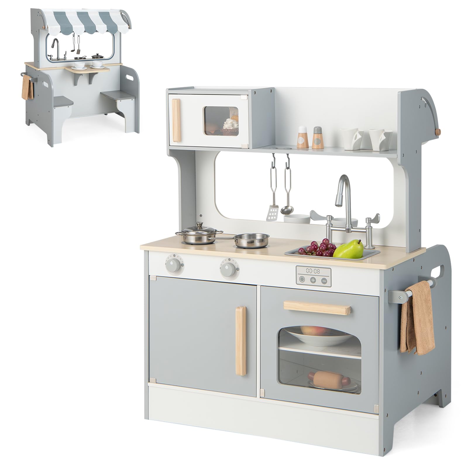 COSTWAY 2 in 1 Kinderküche mit Zubehör, Spielküche mit Restaurant zum Kochen & Servieren, Holzküche inkl. Wasserhahn Spüle Herd Ofen Handtuchhalter Haken, Spielzeugküche für Kinder ab 3 Jahren