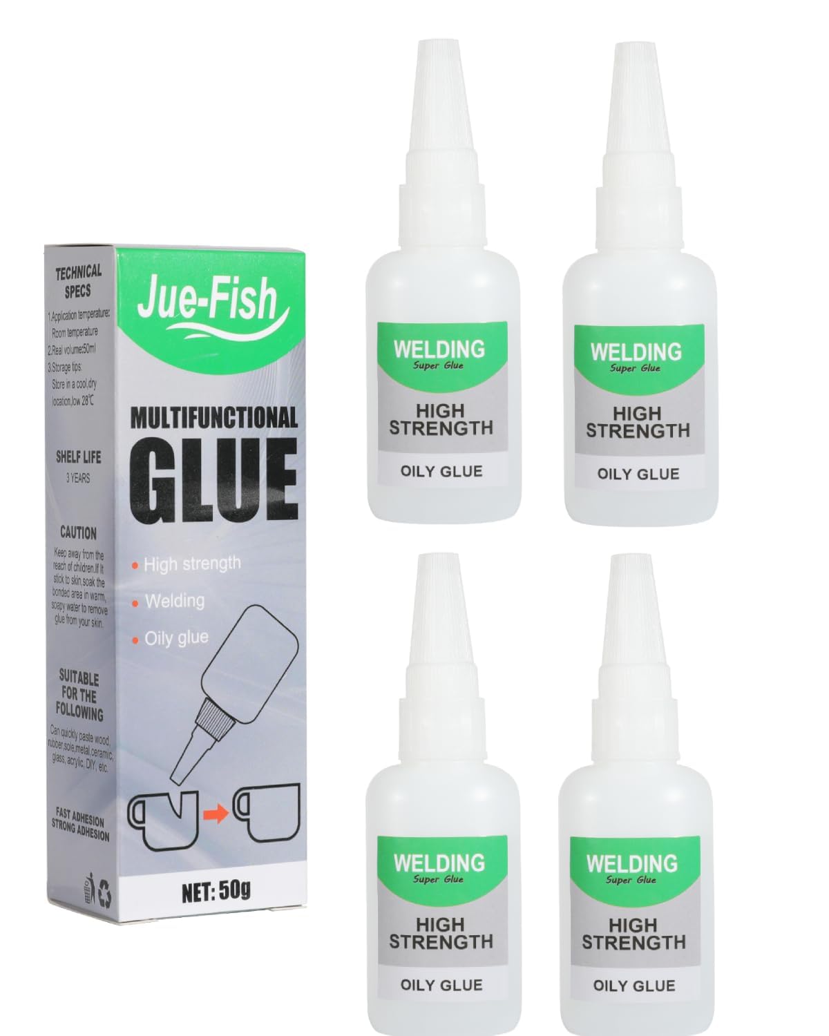Jue-Fish Welding High-Strength Oily Glue - Pack of 2 Universal Super Glue Gel, Instant Bonding, Strong Adhesion, Repairs Last A Long Time for Metal, Plastic, Wood, Ceramics, Leather, 50 Gram (4PC)