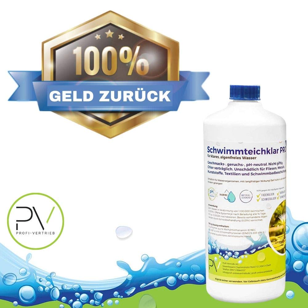 Schwimmteichklar PRO zuverlässiger Teichreiniger & Algenentferner I Wasserklärer Langanhaltend Pflanzenverträglich Chlorfrei I 1L hochkonzentrierter Algen-Killer Teich & Pool