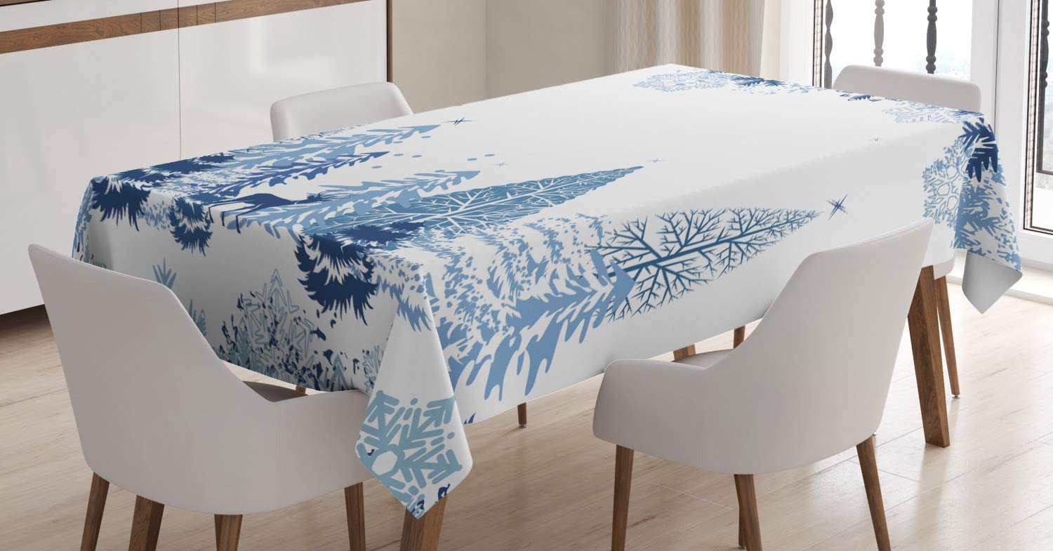 ABAKUHAUS Invierno Mantele, Ciervos de árboles de Pino de Navidad, Resistente al Agua Lavable Colores No Destiñen Personalizado, 140 x 170 cm, Azul Blanco