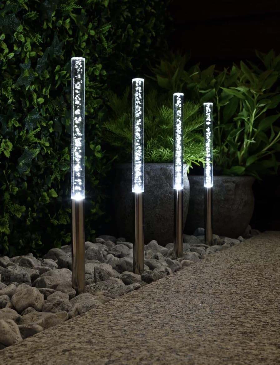 Solar Powered Bubble Post Lights, Cool White, Set of 4, Outdoor Path and Driveway Stake Lights