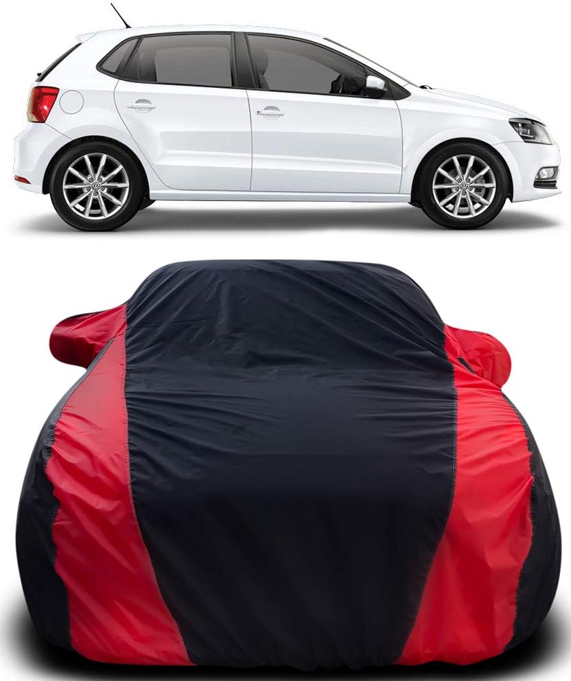 Car Cover Compatible with Volkswagen Polo Equisite with Mirror Pocket Triple Stitched Bottom Elastic Water Resistant UV Protection & Dustproof Car Cover-Black & Red