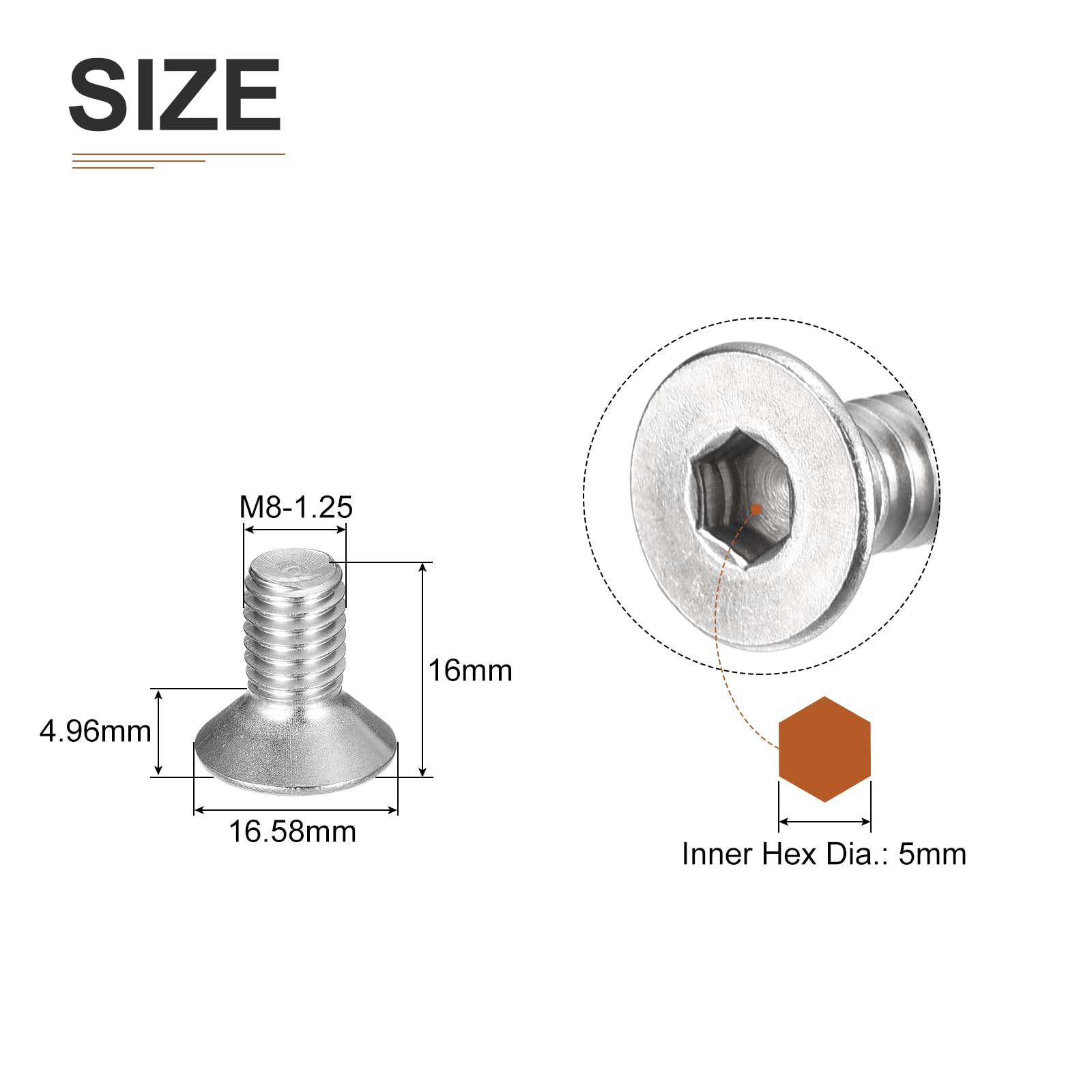 DTGN M8-1.25 x 16mm Flat Head Socket Cap Screws, 50 Pack 304 Stainless Steel Hex Socket Flat Head Screws, Full Thread - Image 2