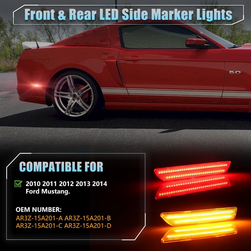 Front & Rear LED Side Marker Lights for Fo-rd Mus-tang 2010 2011 2012 2013 2014, Clear Lens Side Bumper Marker Lights, Mus-tang Amber & Red LED Front Rear Fender Day Running Lights, Pack of 4