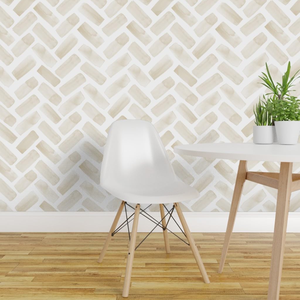 Removable Wallpaper 3ft x 2ft - Watercolor Tan Herringbone Tan Neutral Subtle Modern Geometric Custom Pre-Pasted Wallpaper by Spoonflower