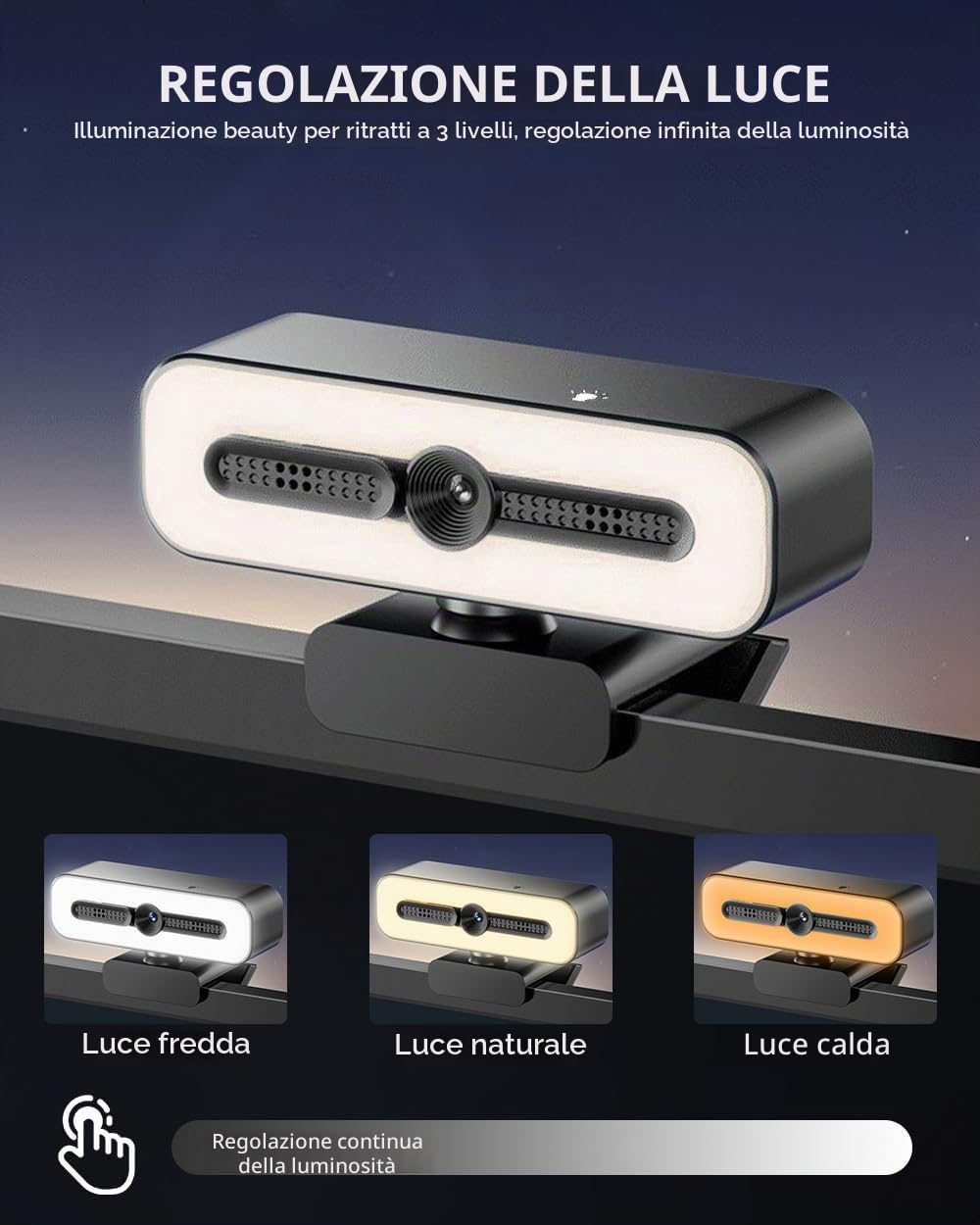 Webcam 4K UHD Ring Light per PC, webcam 1080P 60FPS con doppio microfono AI con cancellazione del rumore, correzione automatica della luce, copertura della privacy, FOV 73°, autofocus PDAF, copertura