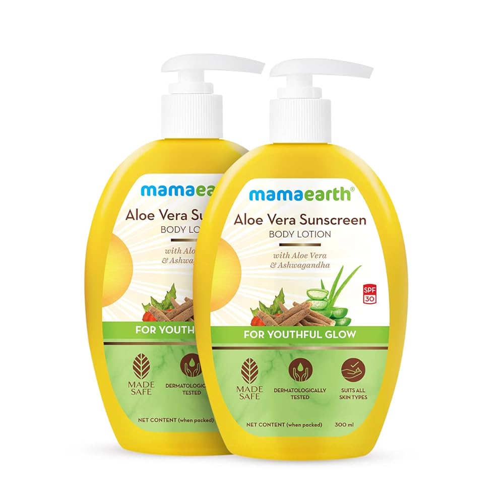 Mamaearth Aloe Vera Sunscreen Body Lotion For All Skin Spf 30 – With Aloe Vera & Ashwagandha For A Youthful Glow – 300 Ml (Pack Of 2), 2 Count