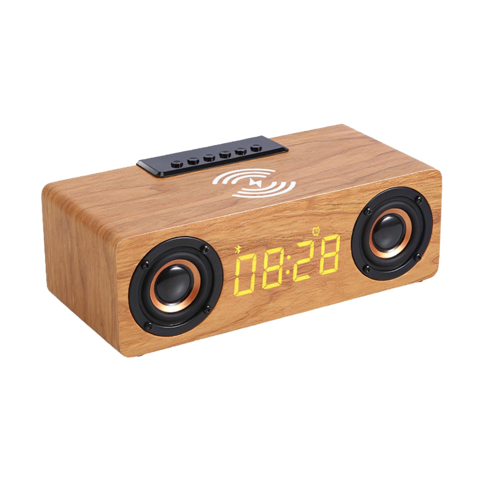 Elegante sveglia altoparlante in legno con ricarica wireless, 6 W, 9,3 x 4,3 x 3,1 pollici, design moderno per casa e ufficio