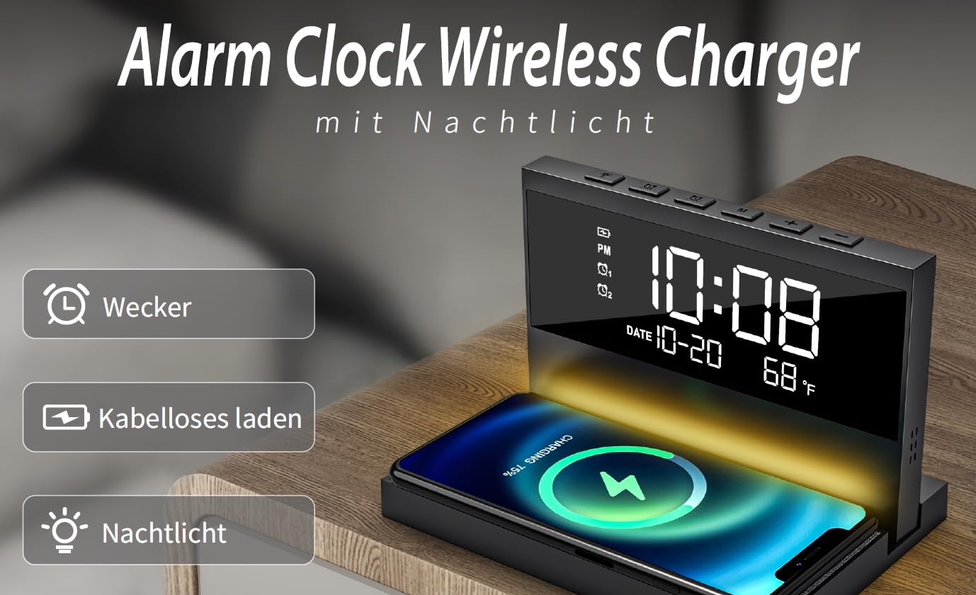 Reflexion ACW2188 Wireless Charger, stazione di ricarica per smartphone, sveglia con caricatore senza fili, grande display per ora, data e temperatura, 2 sveglie, luce notturna, funzione di ricarica