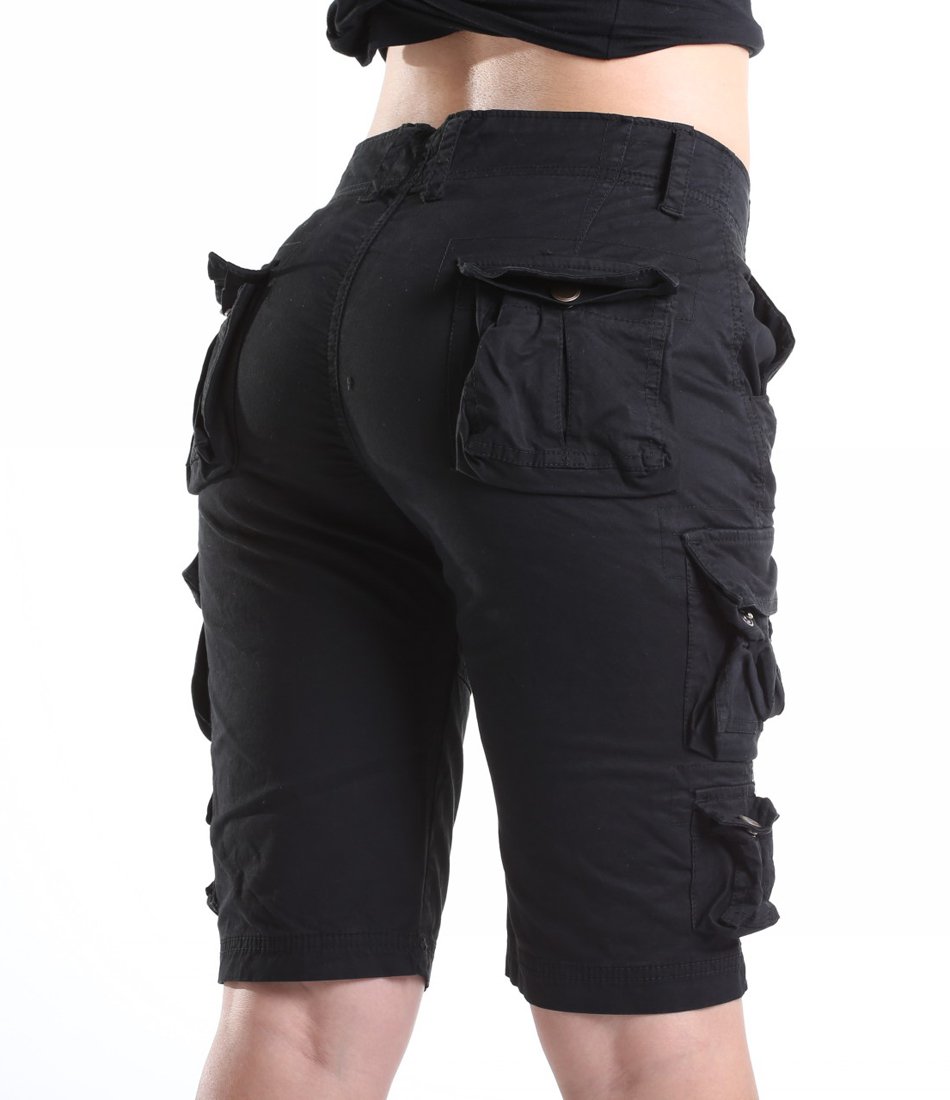 FOURSTEEDS Women's Cotton Loose Fit Zipper Multi-Pockets Twill Bermuda Drawstring Women Cargo Shorts