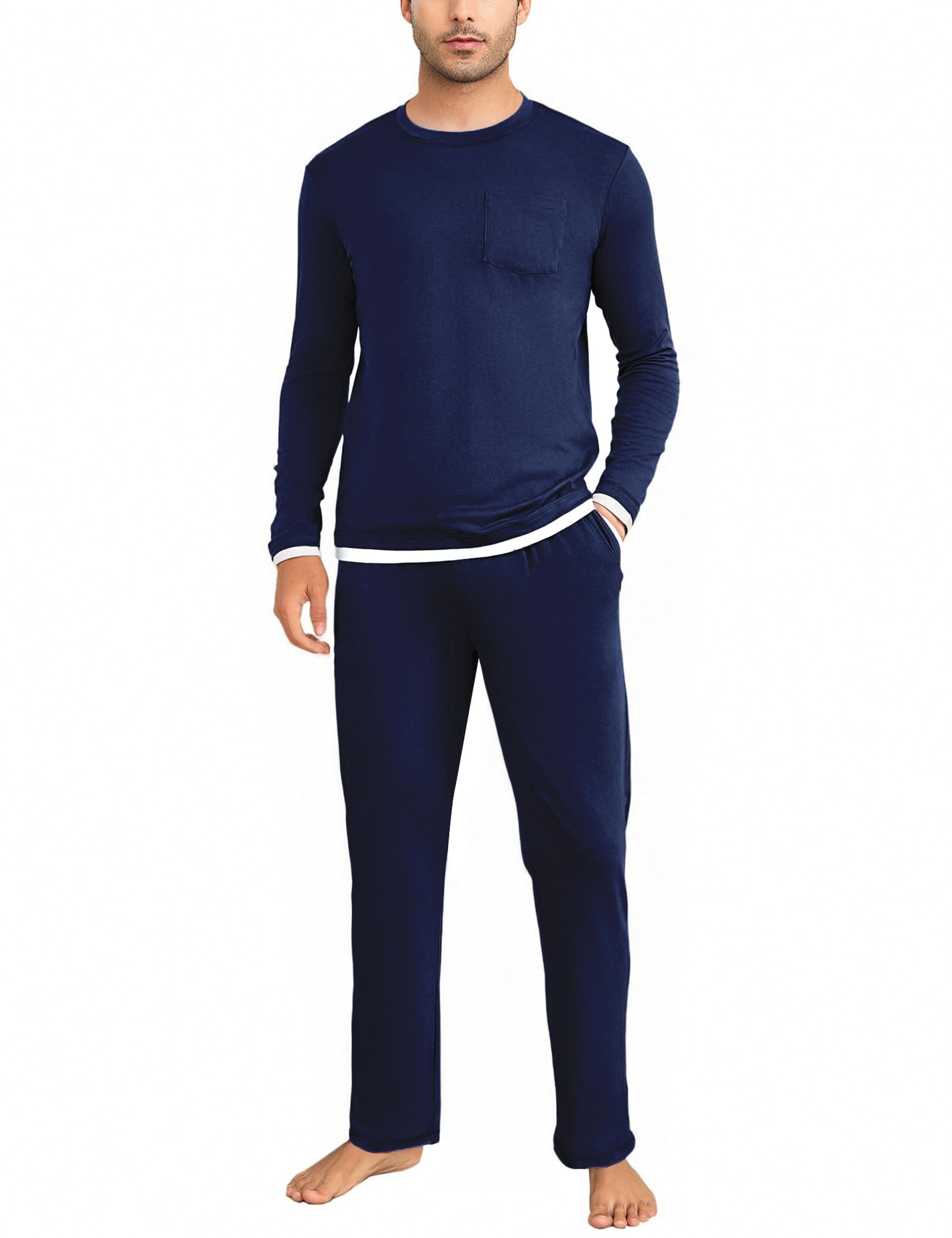 Litherday Pigiama Uomo Invernale Cotone Lungo Pajamas Due Pezzi Maniche Lunghe Pantaloni Lunghi Pigiami Morbido Loungewear con Tasche