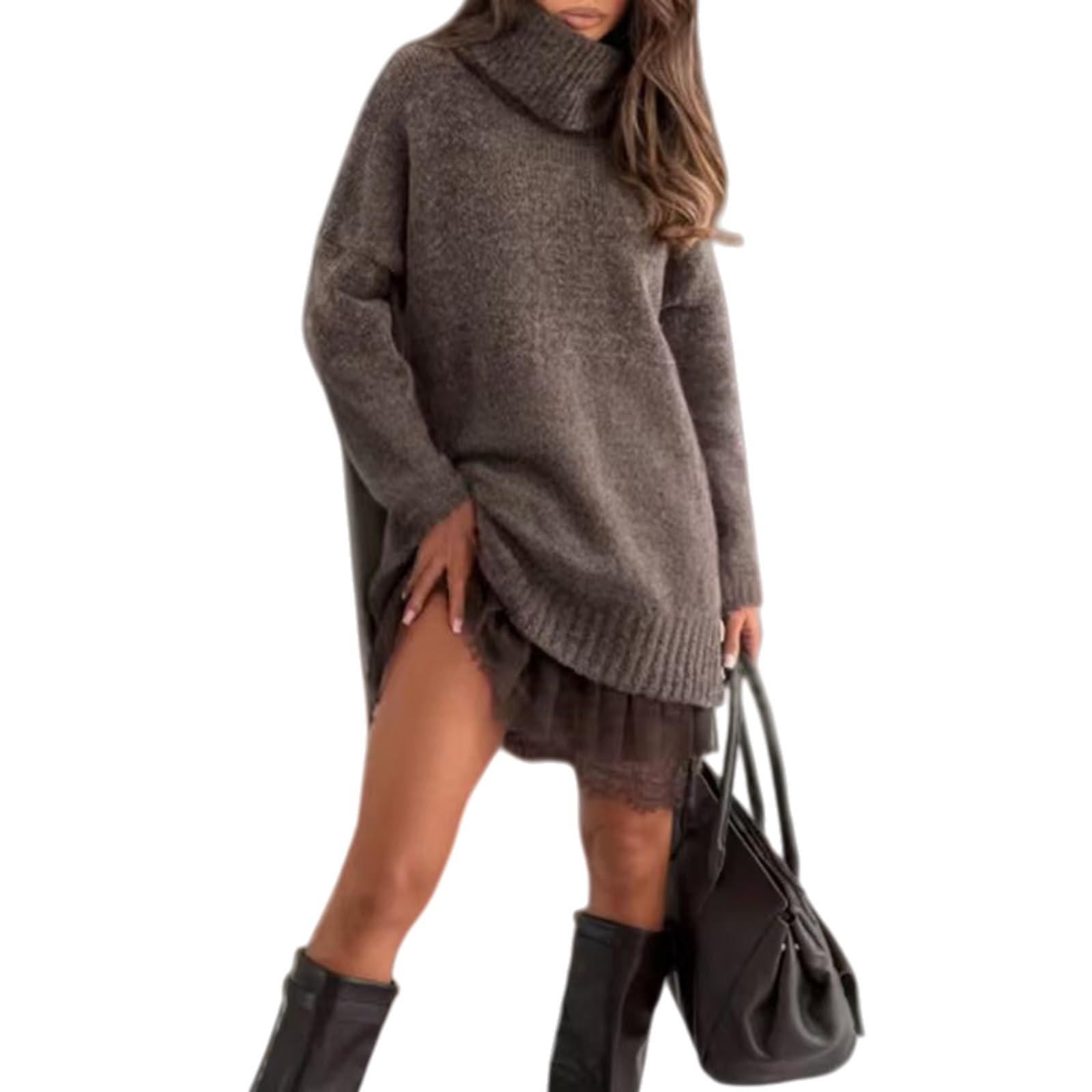 Womens Turtleneck Sweater Mini Dress Set High Neck Ruffle Hem Knit Casual Pullover Elegant Lace-Trim Sweater Dress