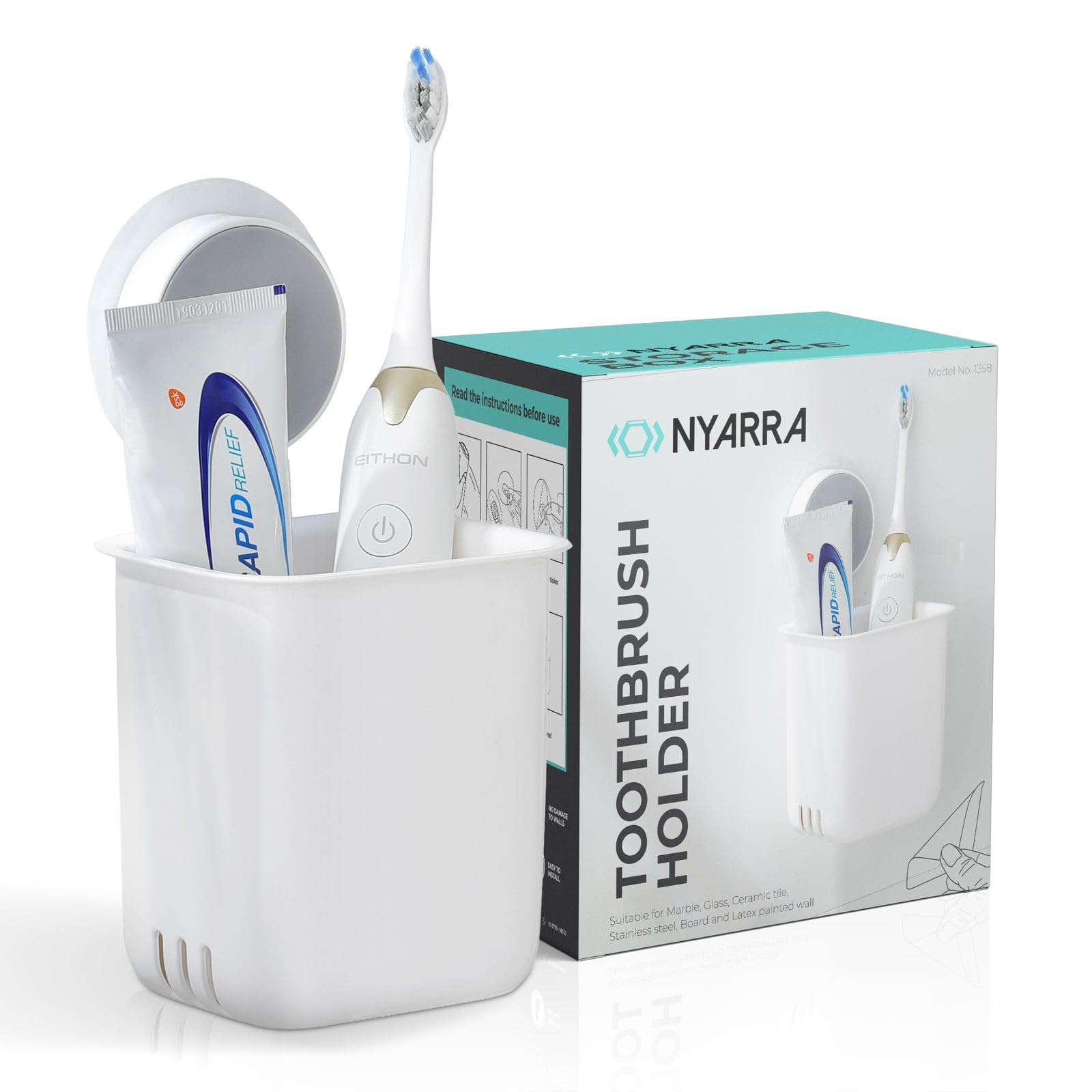 Nyarra Toothbrush Holder for Bathroom | Self Adhesive Wall Mounted Toothbrush Holder | Multifunctional Organizer for Electric Toothbrush | Washroom Organizer for Tooth Brush - [ND-1358]