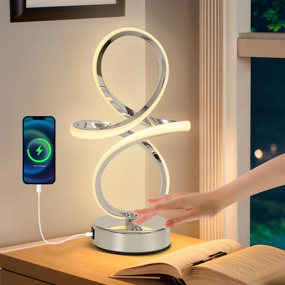 EIDEARAY Nachttischlampe – Spiral-Design, 3 Farbtemperaturen, Touch-dimmbar, Mit USB-Anschlüssen, Silber