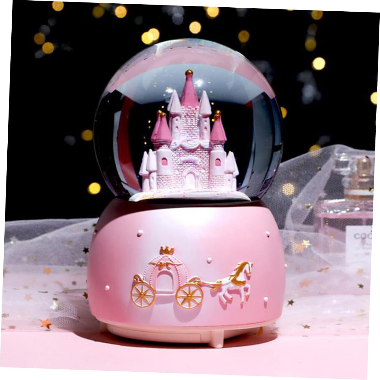 GLEAVI Globo Di Neve in Vetro Musica, Decorazione Da Scrivania Principessa Castello, Palla Di Neve Manuale Media Rosa Per Festa e Arredamento Casa