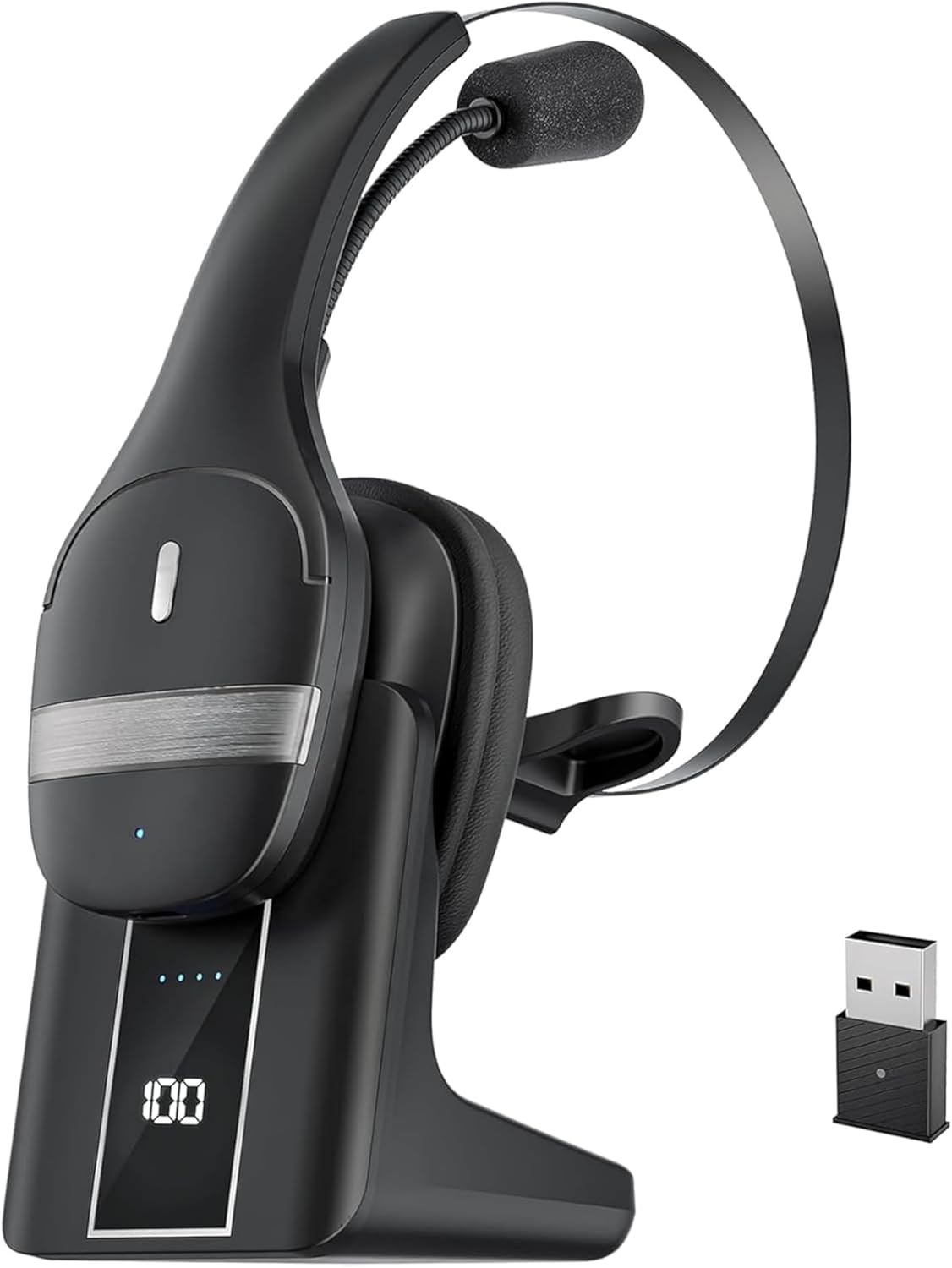 Wireless Headset with Microphone For PC with USB Dongle Built-in Mic 750mAh Charging Dock, LED Display, Noise Canceling ,Mute Button for PC Computer, Laptop, Remote Work, Call Center, Business