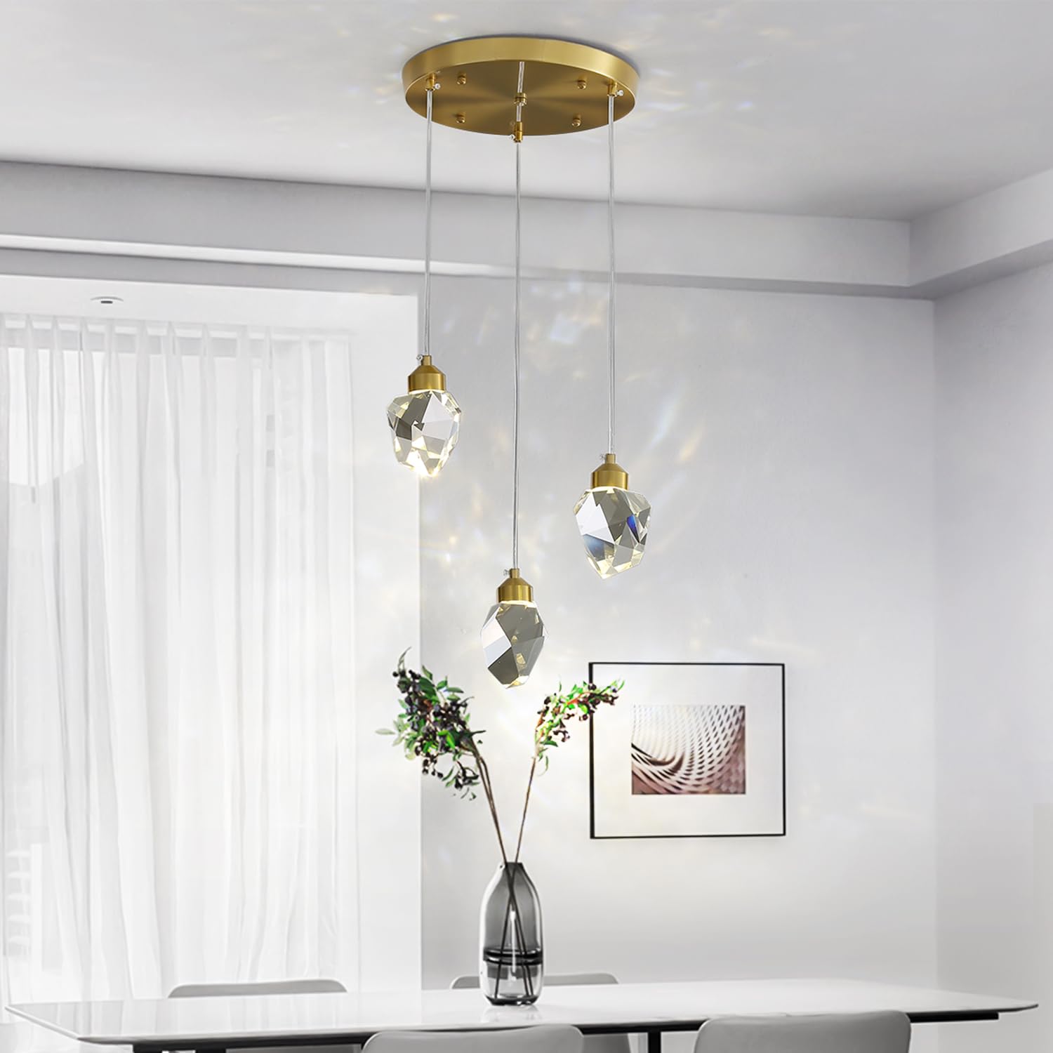 Moderna Lampada A Sospensione In Cristallo, Lampada A Sospensione In Cristallo A Led A 3 Colori, Per Cucina Isola Camera Da Letto Soggiorno Illuminazione Sala Da Pranzo (Base Rotonda A 3 Teste)