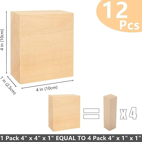 Miniatura 2 de 12 bloques de tallado de tilo, bloques de madera sin terminar de 4 x 4 x 1 pulgada para tallar, cubos de madera maciza suave para principiantes o