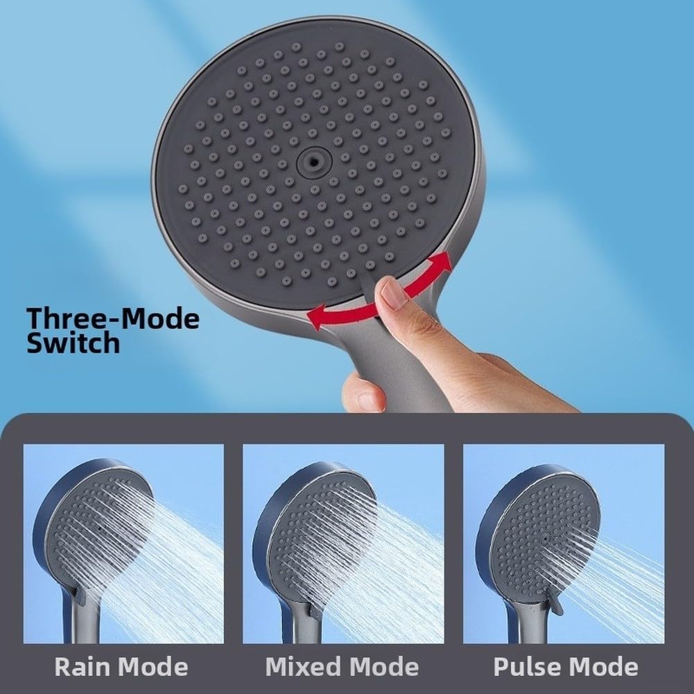Juego de grifo de ducha montado en la pared, grifo mezclador de cobre gris | Manguera de PVC de 5 pies, tres modos de pulverización, salida de cascada, boquillas de silicona autolimpiantes para áreas de