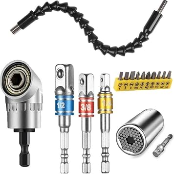 Flexible Drill Bit Extension and Universal Socket Wrench Tool Set, 105 Right Angle Drill Attachment, 1/4 3/8 1/2" Universal Socket Adapter Set, Screwdriver Bit Kit