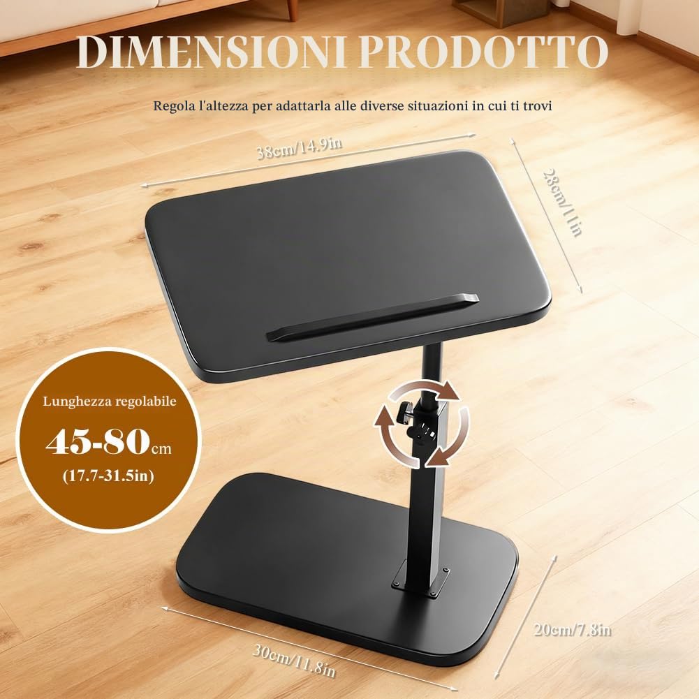 Tavolino laterale girevole a 360°, a forma di C regolabile in altezza, comodino tavolino da caffè tavolino da divano con struttura metallica – salvaspazio per piccoli spazi, con supporto per