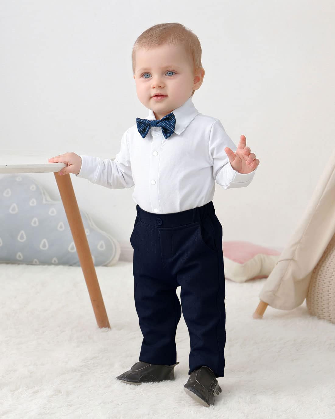 Baby Boy Clothes Outfit Suits 3-24 Months, Infant Gentleman Long Sleeve Romper Jumpsuit+Pants+Bow Tie Formal Tuxedo Clothing Set for Boys