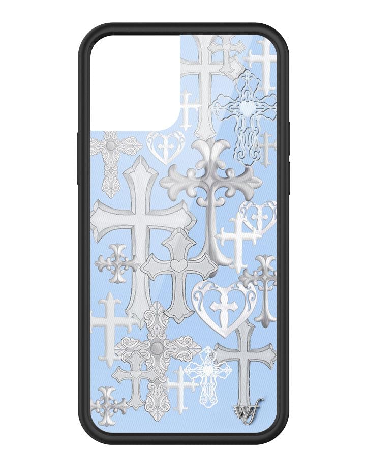 WildflowerCases - Cross Girl Case, Compatible with Apple iPhone 12/12 Pro | Trendy, Cute, Goth, Blue, Silver Crosses - Protective Black Bumper, 4ft Drop Test Certified, Women Owned Small Business