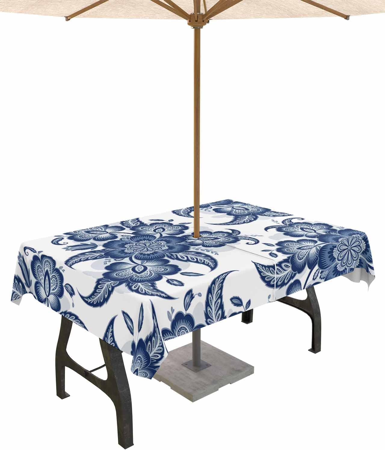Outdoor Tablecloth with Umbrella Hole and Zipper 60" x 84" Rectangular Abstract Blue Paisley Flower Water Repellant Table Cover Tabletop Collection for Party Patio Picnic
