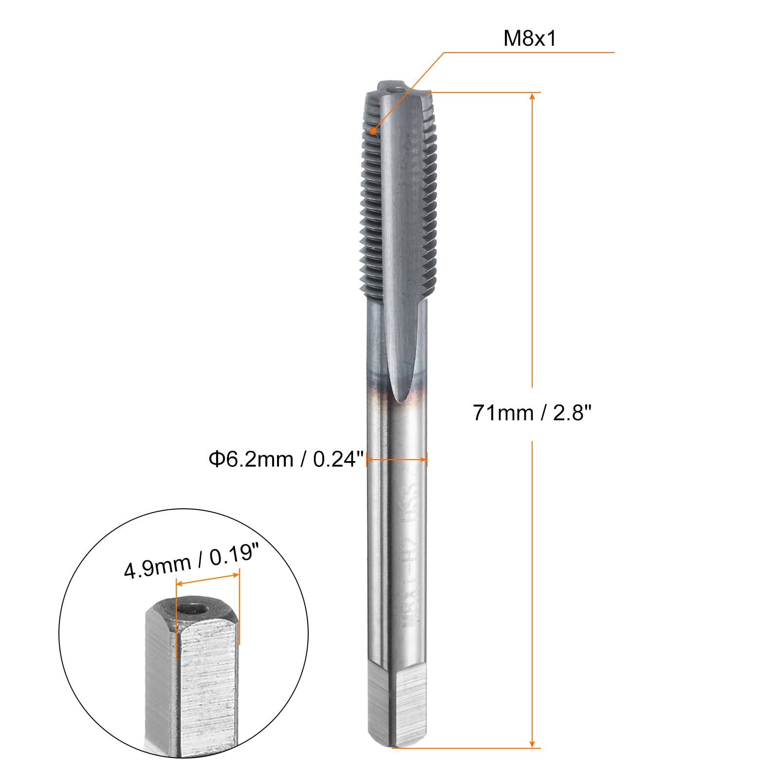 HARFINGTON M8x1 Metric Thread Tap 6542 Cobalt High-Speed Steel TiCN Coated Plug Tap Right Hand Straight Flutes Screw Threading Hand Tap