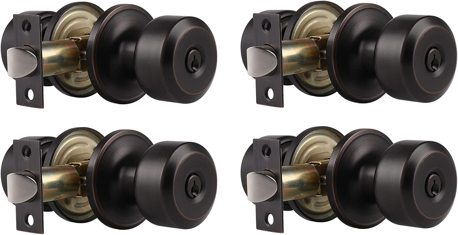 Probrico (4 Pack) Entrance Locks for Doors, Keyed Alike Door Knobs in Oil Rubbed Bronze, Entry Levers Combo Pack, Contemporary Style