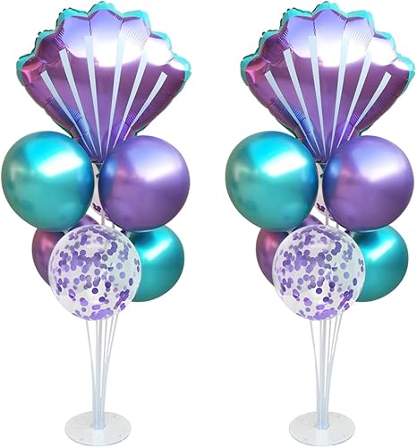 Kit de soporte de globos de mesa de sirena, 2 juegos con 2 globos de aluminio de conchas marinas, 14 globos de látex azul púrpura para cumpleaños,