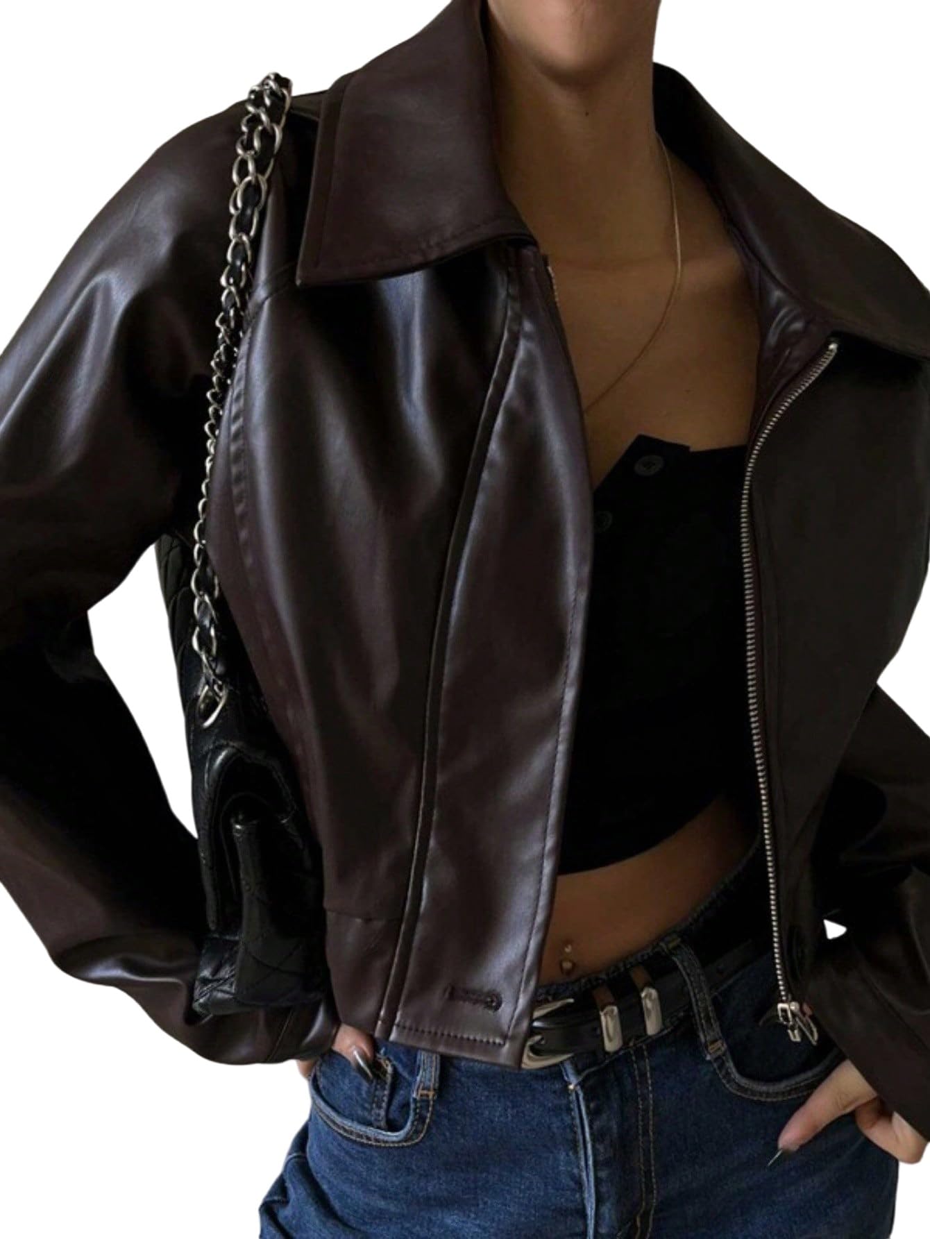 GORGLITTER Lederjacke Damen PU Leder Jacke Hemdkragen Bikerjacke Motorradjacke Herbstjakce Freizeitjacke Kurze Übergangsjacke Herbst Outfits