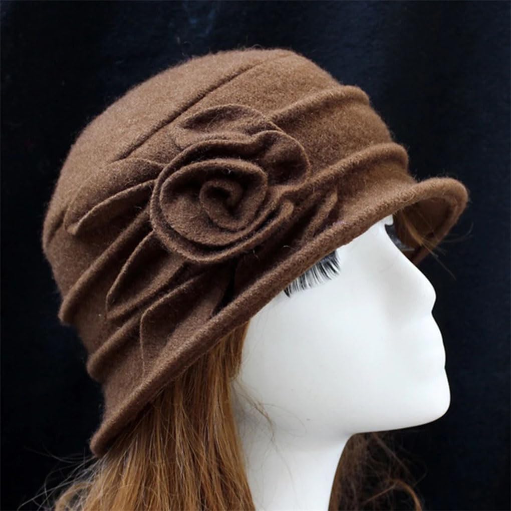 SaoBiiu Cappello da donna vintage in lana a cloche da chiesa, cappello a secchiello, cappello invernale con fiore