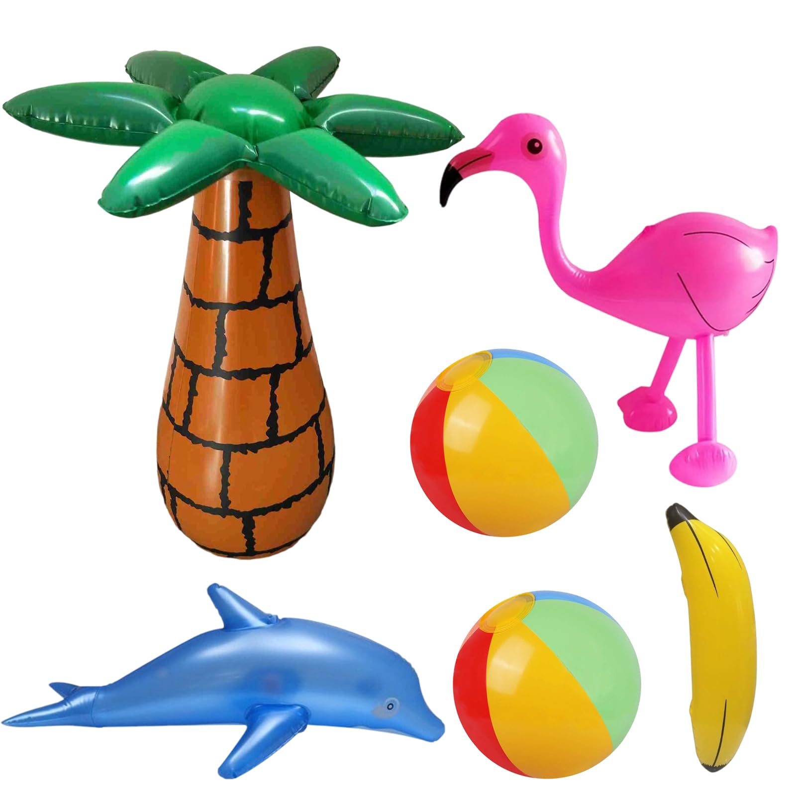Inflatable Pool Toys, 6-Pack Tropical Party Decorations, Outdoor Game Toys for Kids Adult for Summer Pool Flamingo, Dolphin, Banana and Beach Balls Beach Luau Hawaiian Themed Parties Decorations Props